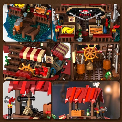 Viking Medieval Pirate's Bay Market Ship Wharf Building Set House Building Block Toy Medieval Architecture Bricks KitGift for Women or Adult 856pcs