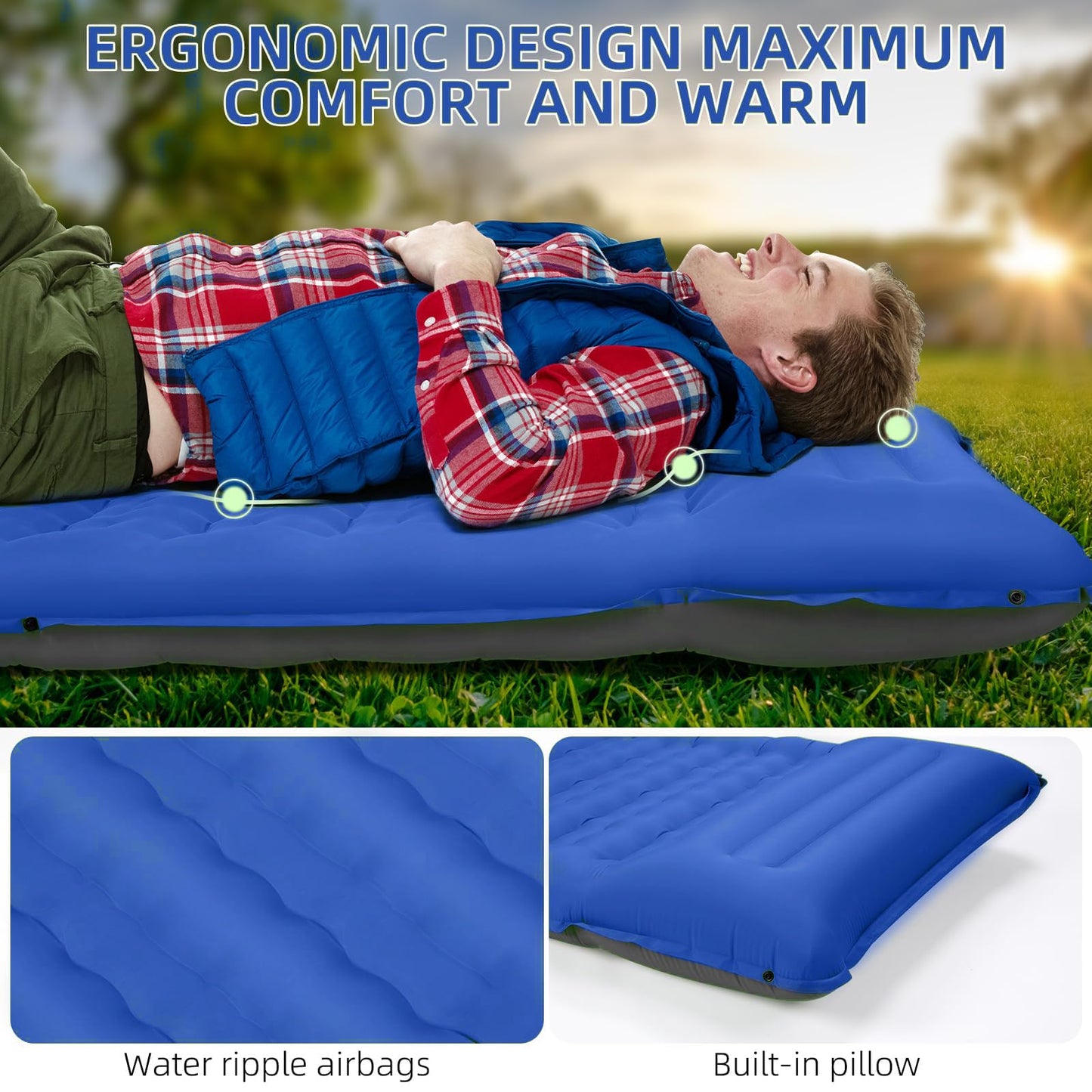 FNARMW Camping Sleeping Pad, Extra Thick 5 Inch Camping Mat with Pillow Built-in Foot Pump Inflatable Sleeping Pads Compact for Camping Backpacking Hiking Traveling Tent（Blue Grey）