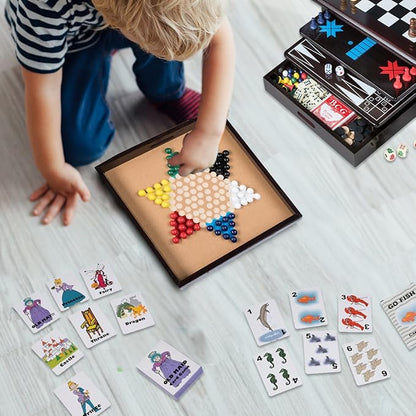 Board Game Set - Deluxe 15 in 1 Tabletop Wood-accented Game Center with Storage Drawer (Checkers Chess Chinese Checkers Parcheesi TicTacToe SOlitaire Snakes and Ladders Mancala Backgammon Pok