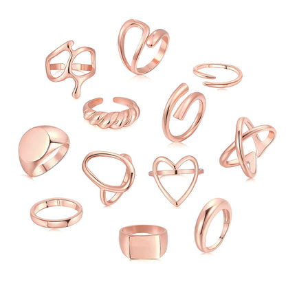 FAXHION 12PCS Gold Stackable Rings Set for Women, 18K Gold Plated Open Stacking Knuckle Ring, Adjustable Chunky Signet Band Statement Ring for Gift