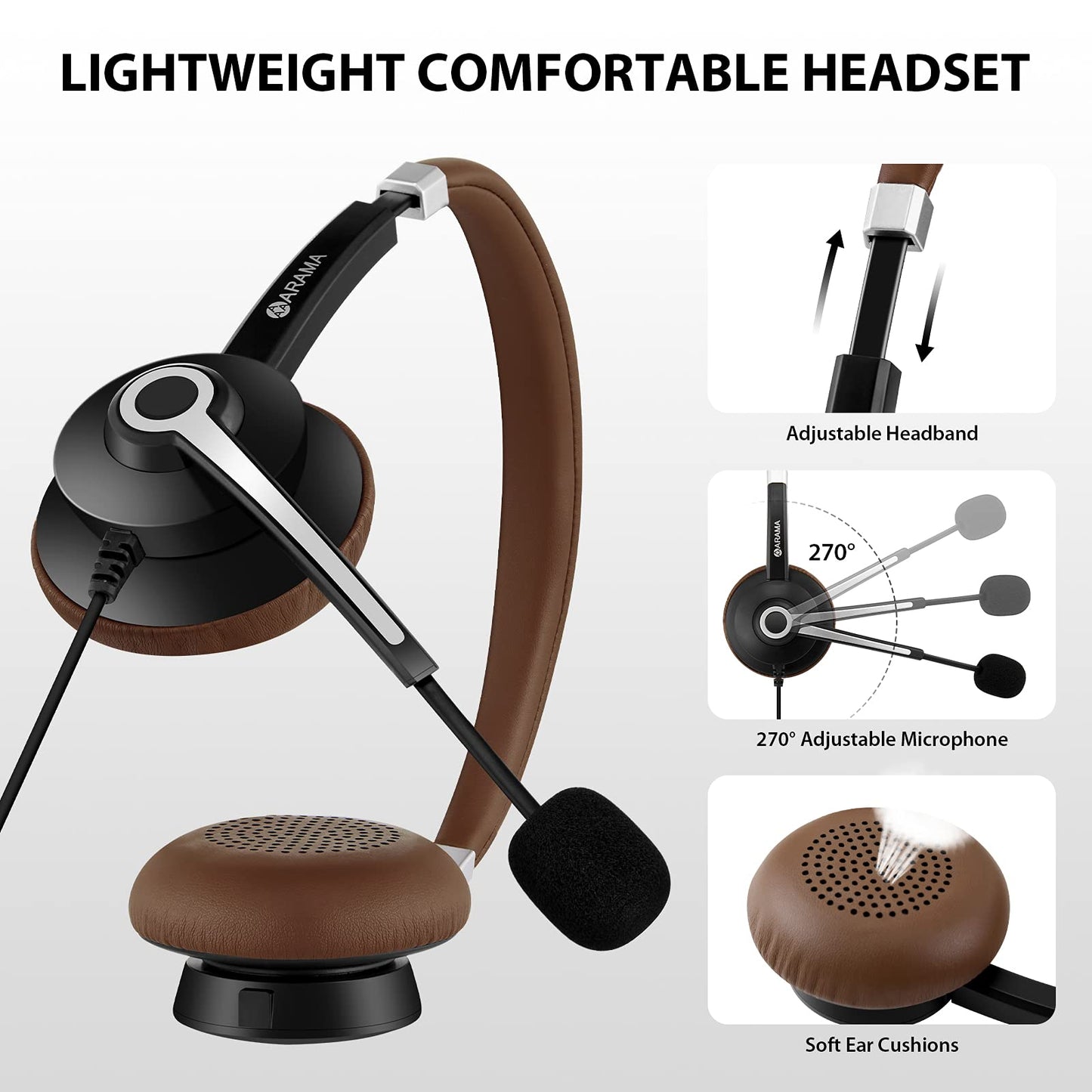 Arama USB Headset with Microphone Noise Cancelling & in-line Call Controls, Ultra Comfort 3.5mm Wired Headset for Cell Phone, Computer Headset with Mute for PC Laptop Skype Webinar Home Office