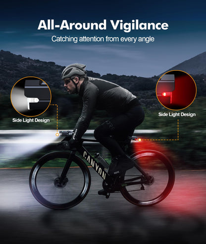 Zewdov 3+6 Modes Bike Lights for Night Riding with Side Light, Rechargeable & IP65 Waterproof Bicycle Light, Bike Headlight and Tail Light Set for Road/Mountain/Kids Bike Cycling Accessories