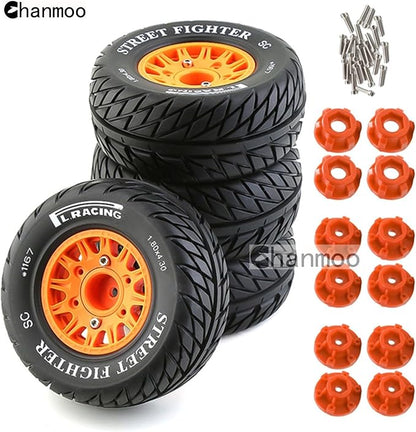 1/10 RC Short Course Truck Tires And Wheels With 12mm 14mm 17mm Hex 113mm 1/8 Rubber Tyres For 1/8 or 1/10 Scale On Road Car HSP Sonic 94102 GT PTG-2 Tamiya TT02 RC Racing Car 4PCS (Orange B)