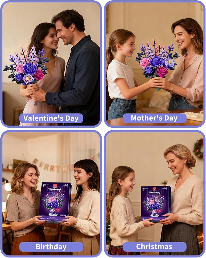 Flowers Bouquet Building Set - Purple Roses Botanical Collection Building Blocks for Adult Women Artificial Flowers Gothic Home Decor Mother's Day Birthday Gift for Adults Kids Girls 6-12 (806PCS)