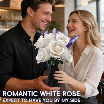 White Roses Flowers Bouquet Building Set with Vase 256 Pcs Artificial Botanical Collection with Purple Accents Floral Centerpiece Home Decor Gift for Adults