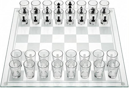 Shot Glass Chess Set 9.45-Inch Chess Board with 32 Mini 1.34-Inch Shot Glass Pieces Adult Drinking Chess Game for Parties Fun Novelty Gift