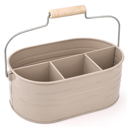 Alpha Living Home Multi-Functional Utensil Caddy – 4-Compartment Organizer for Kitchen, Party & Office – Durable Beige Powder-Coated Iron Alloy with Wooden Handle