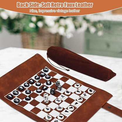 Chess Checkers and Backgammon Set 3 in 1 - Roll-up Leather Board Games Portable and Lightweight with Drawstring BagTravel-Size Board Game for Camping Backpacking Road Trips Adults