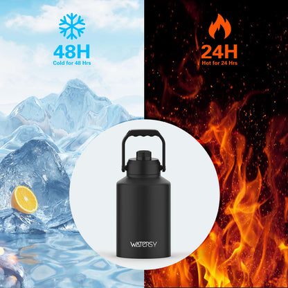 WATERSY 1 Gallon Water Bottle Insulated(Cold for 48 Hrs),BPA Free&Leak Proof,128oz Stainless Steel Water Jug,Big thermo,Large Water Bottle with Handle for Gym,Hiking,Camping&Travel,Black