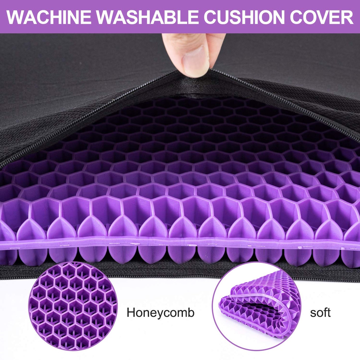 Fzitiy Gel Seat Cushion, for Long Sitting -Double Thick Gel Seat Cushion Breathable Honeycomb Chair Cushion with Non-Slip Cover for Office Chair Car, Wheelchair, Long Trips,Relief Sciatica Pain