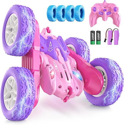 Remote Control Cars for Girls 2.4GHz RC Stunt Car with 360° Flips &amp Double Sided Driving Changeable Wheels LED Headlights Birthday Gift for 5-12 Year Old Girls (Pink)