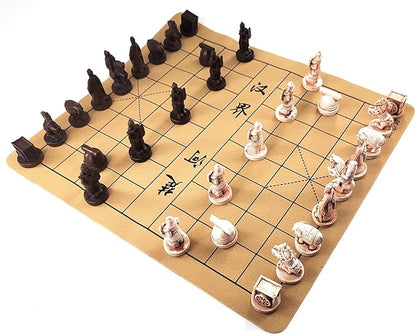 Traditional Chinese Xiangqi Portable Chess SetTravel Board Game Set with Resin Chess Pieces and Leather Chessboard
