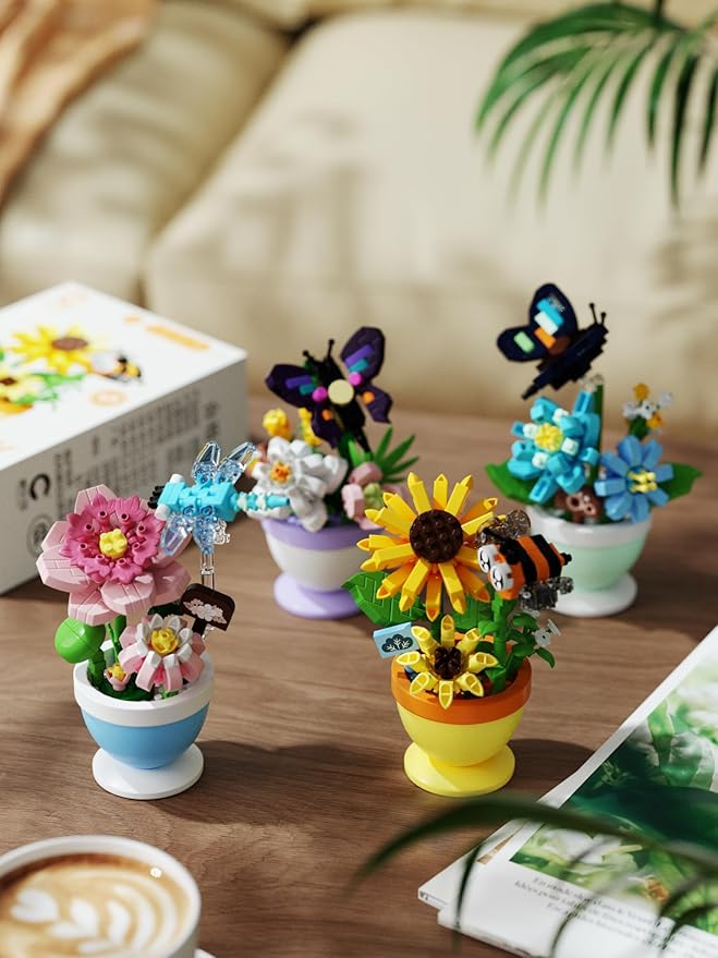Set of 4 Mini Flower Bonsai with Cute Insects - DIY Potted Plant Building Blocks for Kids and Adults Botanical Collection Decor Toy