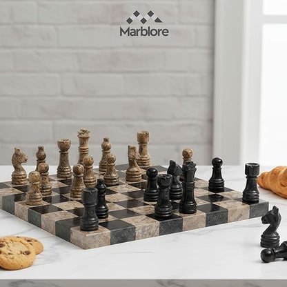 Marble Chess Set 10 Inch Black &amp Coral Handmade Stone Chess Board Game with 32 Pieces &amp 2 Extra Queens Travel Chess Set for Adults Decorative Classic Strategy Game