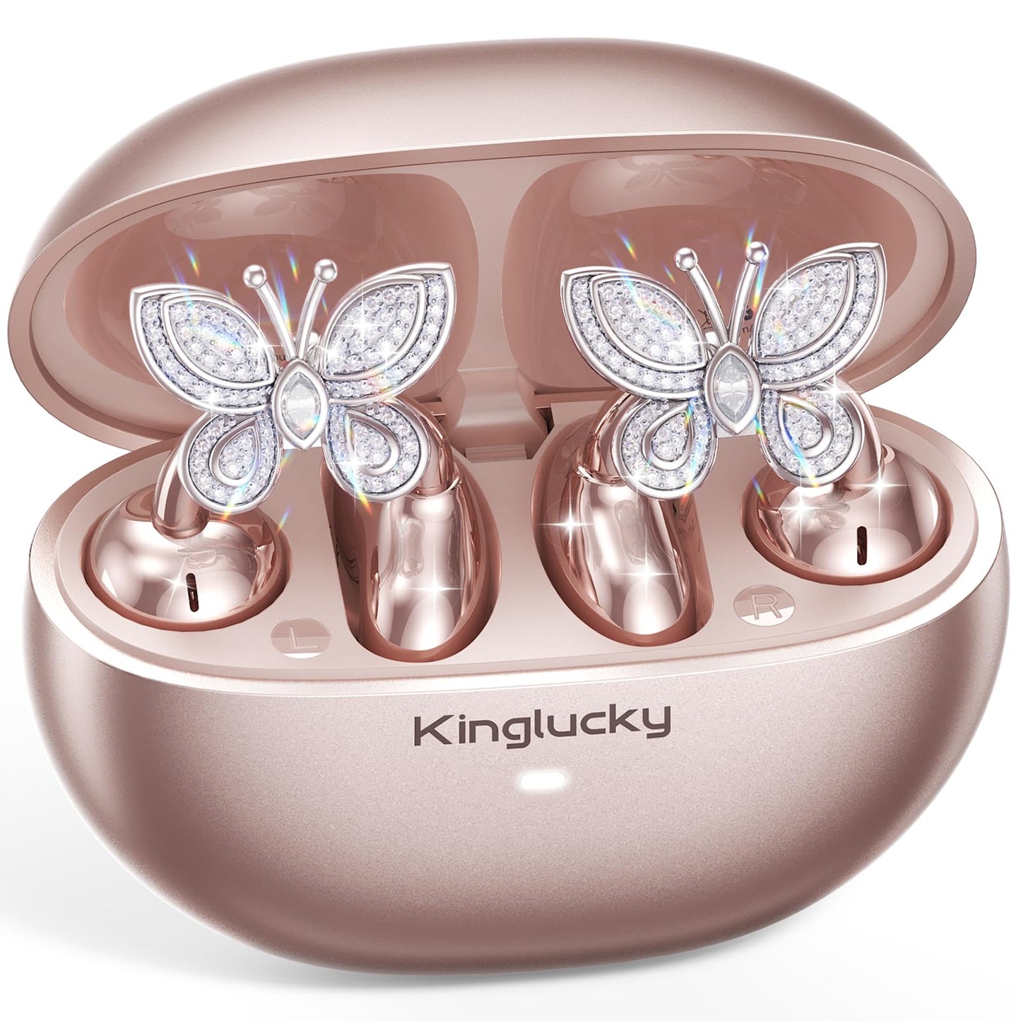 Kinglucky ClipFree Open-Ear Headphones with Butterfly Earrings, Ultra-Comfort & Snug Fit Clip On Earbuds, 50H Playtime Bluetooth 6.0 Wireless Headphones for Women Sports,Glasses Gifts (Rose Gold)