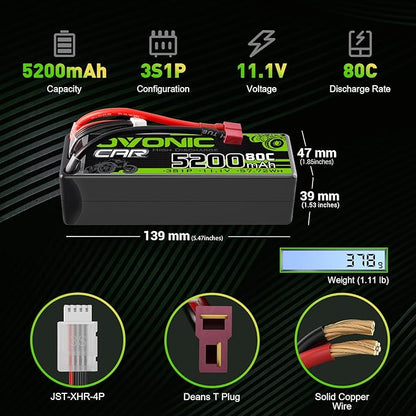 OVONIC Lipo Battery 11.1V 80C 5200mAh 3S Battery with T-Style Connector Hardcase Battery for RC Car Boat Truck Helicopter Airplane Racing Models(2 Packs)