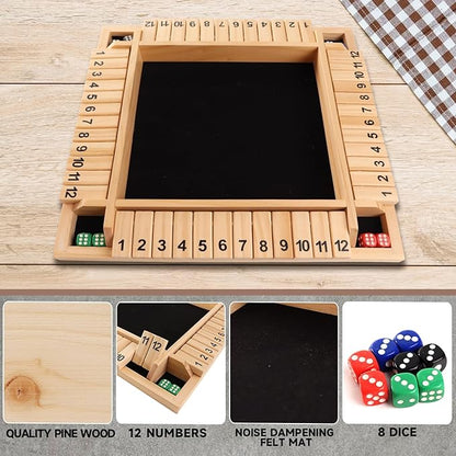 GSE Games &amp Sports Expert 1-4 Player Wooden Shut The Box Board Game with 8 Dice. 4-Way 12 Numbers Shut The Box Dice Set of Popular English Pub Board Game - Natural Wood