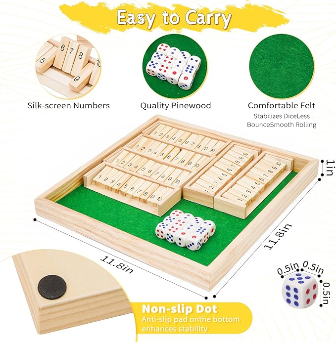 Upgraded 1-6 Players Shut The Box Dice Game with 12 Dice Wooden Classic Board Games Traditional Table Math Game Tabletop Math Dice Game for Pub Bar Home Classroom Party