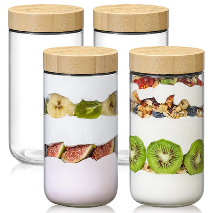 NETANY 4-pack 16oz Glass jars with Airtight Lids, Overnight Oats Containers with Bamboo Lids, Wide mouth Mason Salad jars, Glass Food Storage Containers for Snacks Yogurt Spice Sugar