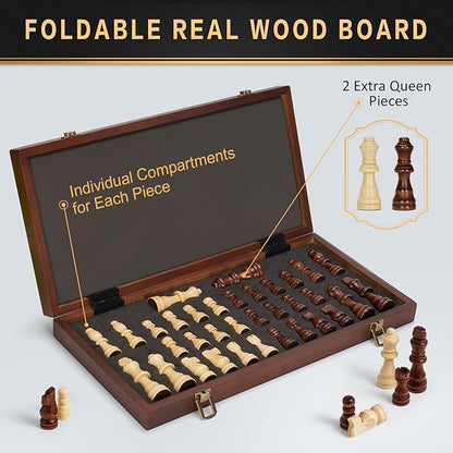 Magnetic Wooden Chess Set 15 Folding Chess Board with 2 Extra Queens Portable Travel Chess Set with Pieces Storage Slots Beginner Chess Board Game for Adults &amp Kids