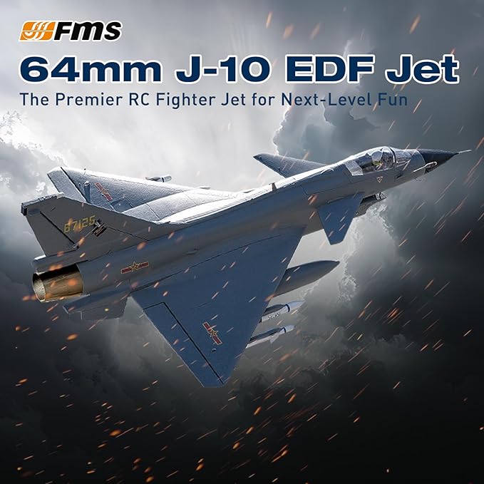 Fms Rc Jets 64mm J10 EDF Fighter Jet with Reflex Vigorous Dragon Rc Airplanes for Adults Remote Control Planes Air Force Gray Paint PNP(NO Transmitter Batteries and Charger)