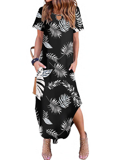 Zeagoo Womens Maxi Summer Dress with Pockets Casual Short Sleeve Sundress Trendy 2025 Curve Hem Long Dresss