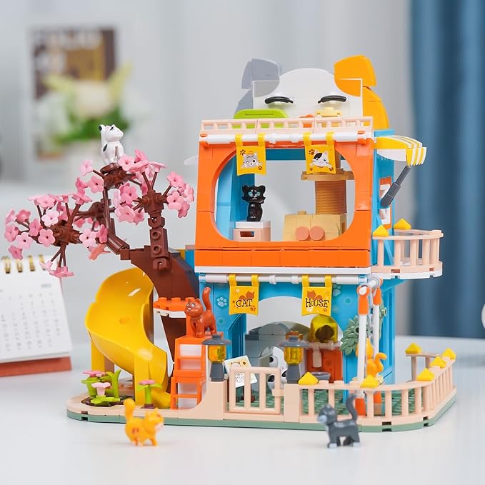 QLT QIAOLETONG Cute Cat House Toy Building Set for Adult Compatible with Lego Friend 521 PCS Friendship House Building Blocks Kit with Animals Ideas Birthday Gift for Teen Boys