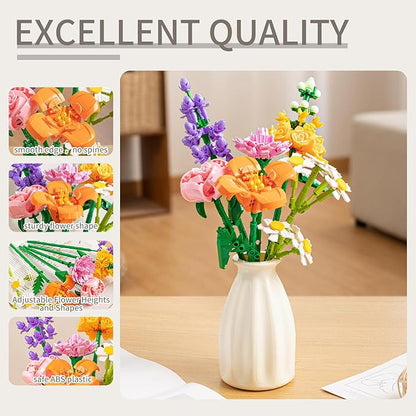 Flower Bouquet Building Blocks Set - Artificial Flowers with Roses for Home Decor Unique Gift for Her or Him for Mother's Day Birthday Gift DIY Mini Micro Bricks Kits with Vase