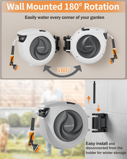 KOSOEUR Retractable Garden Hose Reel, 1/2 in x 65 ft Garden Hose Reel, Automatic Retractable Water Hose Wall Mount with 10 Pattern Nozzle, Slow Rewind System/Any Length Auto Lock 180° Swivel Bracket