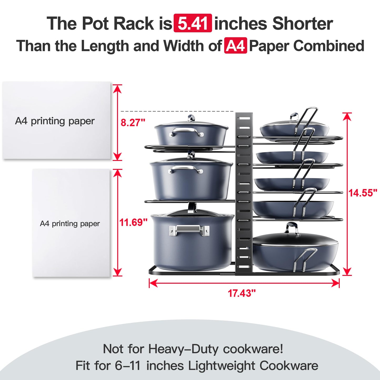 ORDORA Pots and Pans Organizer for Cabinet 16.61'' Height, 8 Tier Pot Organizers Rack with 3 DIY Methods, Adjustable Pan Organizer under Cabinet Kitchen Organization and Storage