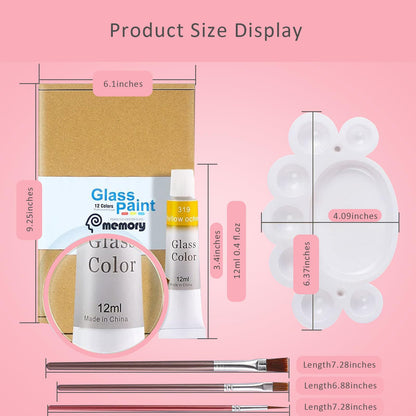 Colorful Stain Glass Paint Kit with 12 Colors, 3 Nylon Brushes, 1 Palette, Permanent Acrylic Enamel Painting Set to Create Translucent Arts on Transparent Wine Glasses, Enamel, Window and Glass