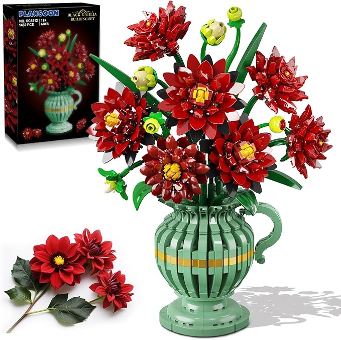 Dahlia Flowers Building Set with Vase Easter Flower Bouquet Botanical Collection Building Block Toy 1482 PCS Gothic Artificial Plant Bonsai Kit Gift for Her Adults Kids Girls 12+