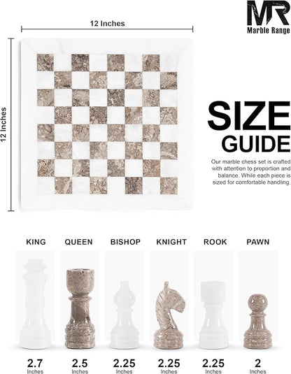 Marble Chess Set for Adults 12 Handmade White &amp Oceanic Board Game with 32 Chess Pieces 2 Extra Queens &amp Storage Box Luxury Travel Game Elegant for Home Decor