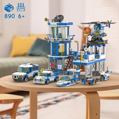 City Police Station Toy Building Set - 890 Pieces Helicopter Police Car and Truck Patrol Boat Coast Guard Headquarter Toy - Ideal Creative Roleplay Gift for Kids Boys and Girls Ages 6-14