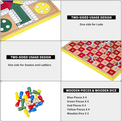 AMEROUS 12 inches Wooden Ludo Board Game - Snakes and Ladders 2 in 1 Reversible 1-4 Players Family Dice Games Set for Kids Adults Classics Tabletop Version (Gift Box Packed)