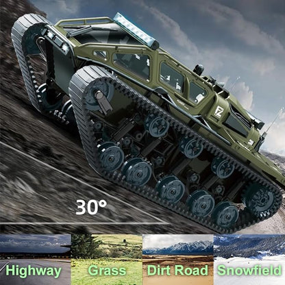 RC Tank All Terrain Army Truck for Kids - 2.4G Fully Proportional Remote Control Military Vehicle with 2 Batteries Rock Crawler 4WD 360°Rotating Drifting Car with Cool Lights Great Gift for Boys