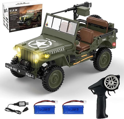 1:14 Scale Military Remote Control Car RC Crawler 2.4G 4WD Off Road Jeep RC Truck with LED Lights and Sound Effects Rock Climbing Vehicle for Adults (Green 2 Batteries)