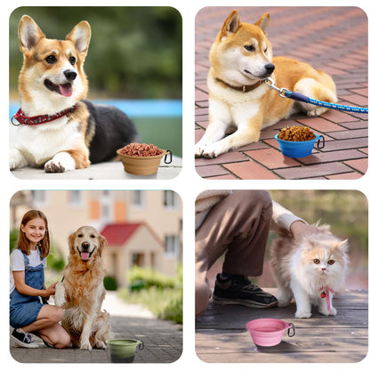 PetBonus 2-Pack Silicone Collapsible Dog Bowls, BPA Free Dishwasher Safe, Portable Foldable Expandable Travel Bowl, Food Water Feeding Cup Dish for Dogs Cats with 2 Carabiners (Turquoise, Tan)