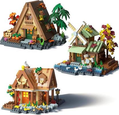 3 Mini Wooden Cabins Micro Building Blocks Toy Set A-Frame House-Mountain Treehouse-Windfall Architecture Kit Compatible with Lego Natural Construction Collection Gift for Adult Teen(2000+PCS)