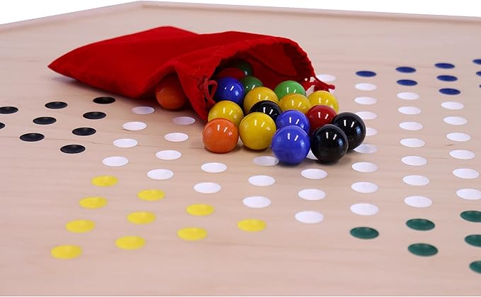 AmishToyBox.com Wahoo and Chinese Checkers Combo Game Board Set - 25 Wide - Maple Wood - Double-Sided - with Large 1 Marbles and Dice Included