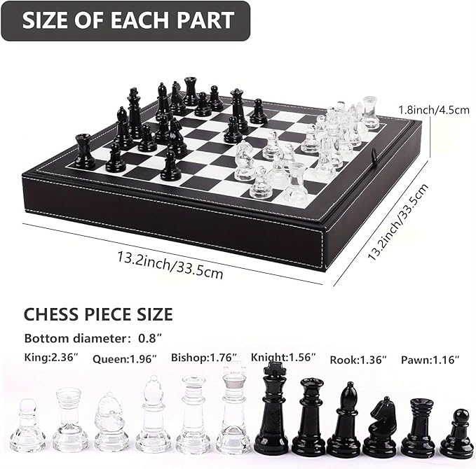 Luxury Glass Chess Set for Adults - 2 Extra Queens Premium Leather Storage Case with 13.2” Chessboard Elegant Board Game Gift
