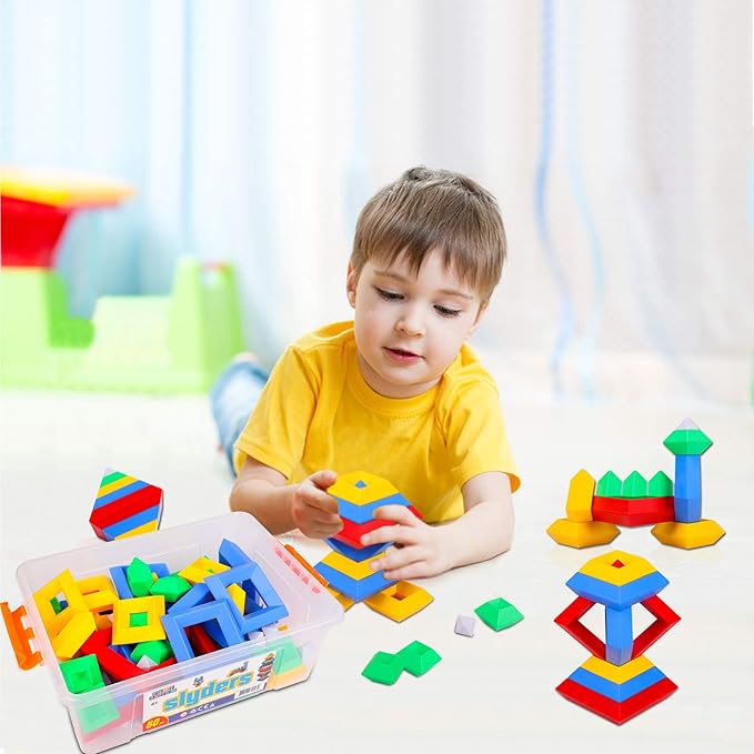 Slyder Set: 60 Pieces 3D Pyramid Building Blocks Geometric Stacking Toys for Kids Ages 4+ - Creative Early Childhood STEM Educational Toys for Preschool Boys and Girls
