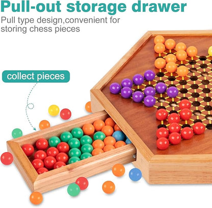 HOLYKING 12.6 Inchs Wooden Chinese Checkers with Drawer-Traditional Board Game with Set of 16mm 60+12 Colorful Acrylic Marbles Classic Strategy Family Game for up to 6 Players