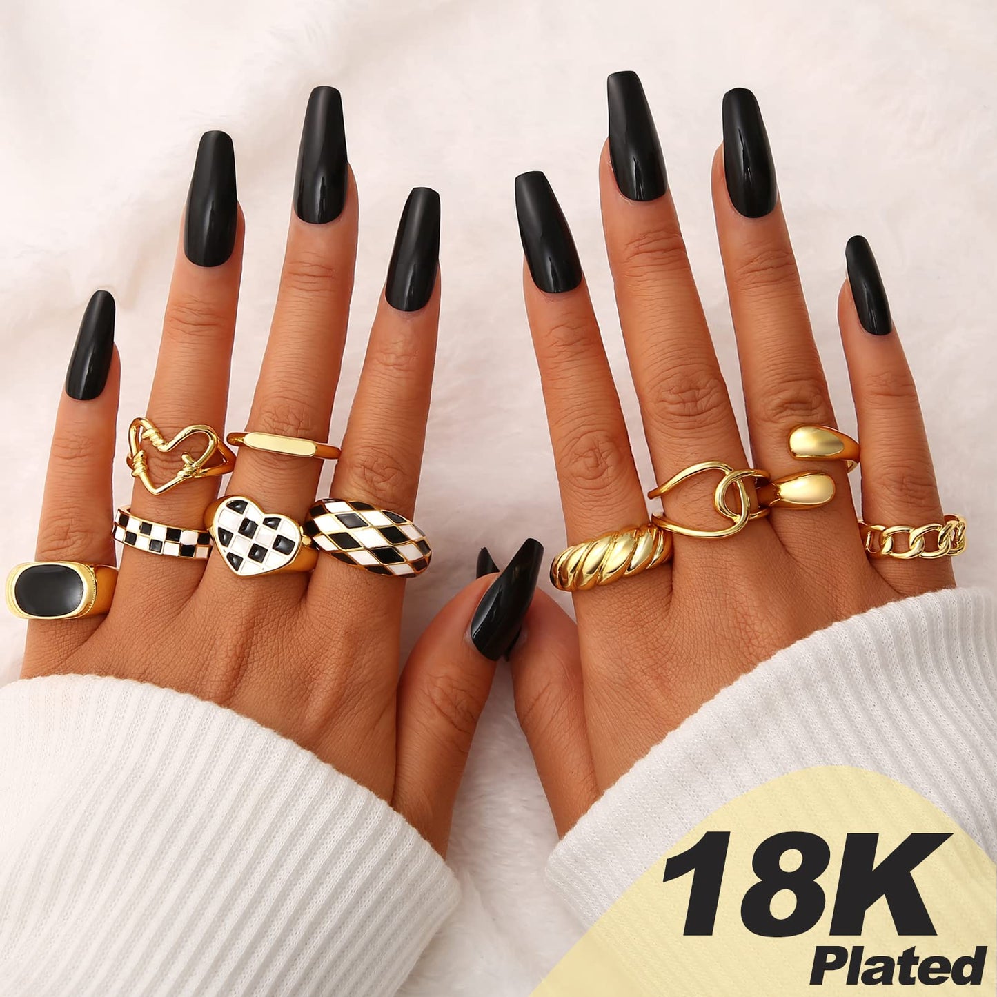 FAXHION 12PCS Gold Stackable Rings Set for Women, 18K Gold Plated Open Stacking Knuckle Ring, Adjustable Chunky Signet Band Statement Ring for Gift