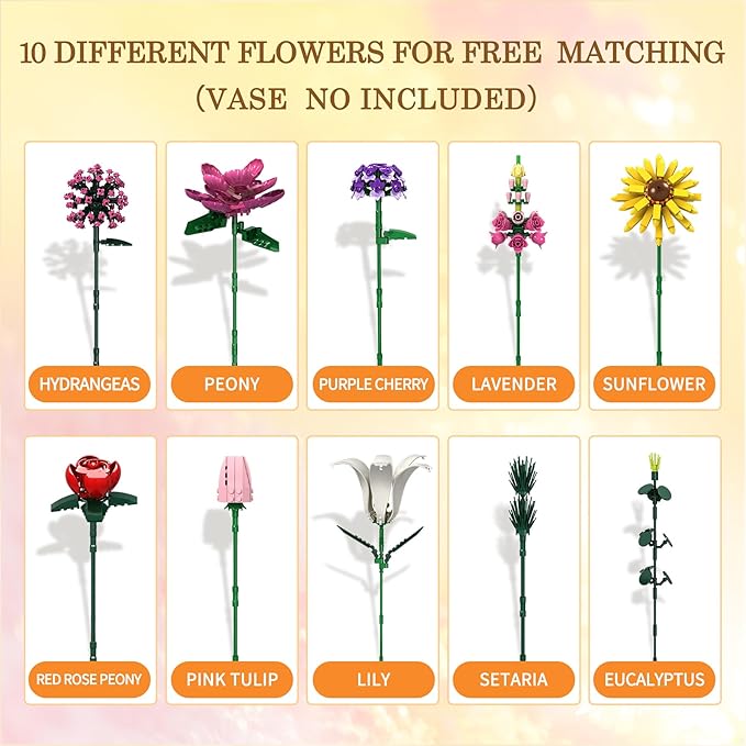Utbttor Flowers Bouquet Building Set Flower Botanical Collection Building Kit Toys Office Home Decoration Valentine Day Birthday Mother's Day for Him and Her Kids Adults(No Vase)-699Pcs