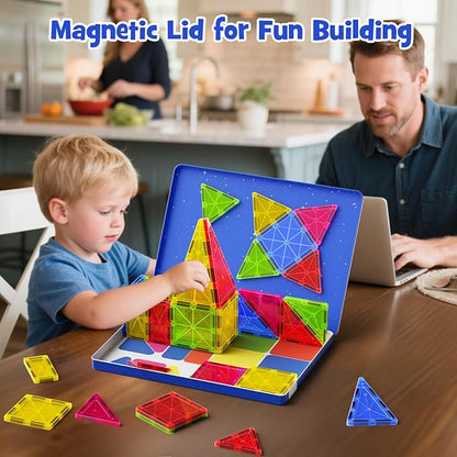 Jumbo Magnetic Tiles with Secure Metal Case 32 Pcs Large Magnetic Building Blocks for Kids 3-8 STEM Toys for Toddlers Preschool Learning Montessori Toys Age 3+ Boy Girl Gift