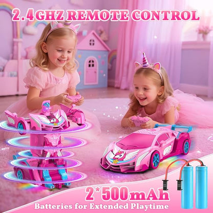 Unicorn Transform RC Cars for Girls Toys with Rainbow Eyes &amp Underbody Lights Fast 360°Rotation &amp 2.4GHz Robot Remote Control Car One-Button DeformationEaster Basket Stuffers for 3-12 Year O
