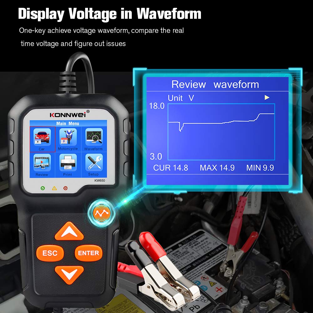 KONNWEI KW650 6V 12V Car Battery Tester, 100-2000 CCA Battery Load Tester Automotive Battery and Alternator Tester for Vehicles/Marine/Motorcycle/Lawn Mover
