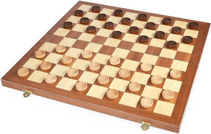 VAMSLOVE 15inch Checkers Folding Wooden Game Set 100 Square Checkerboard International Checkers Draughts Board 10x10 for Kids with Pieces Storage Slots (Instructions Included)