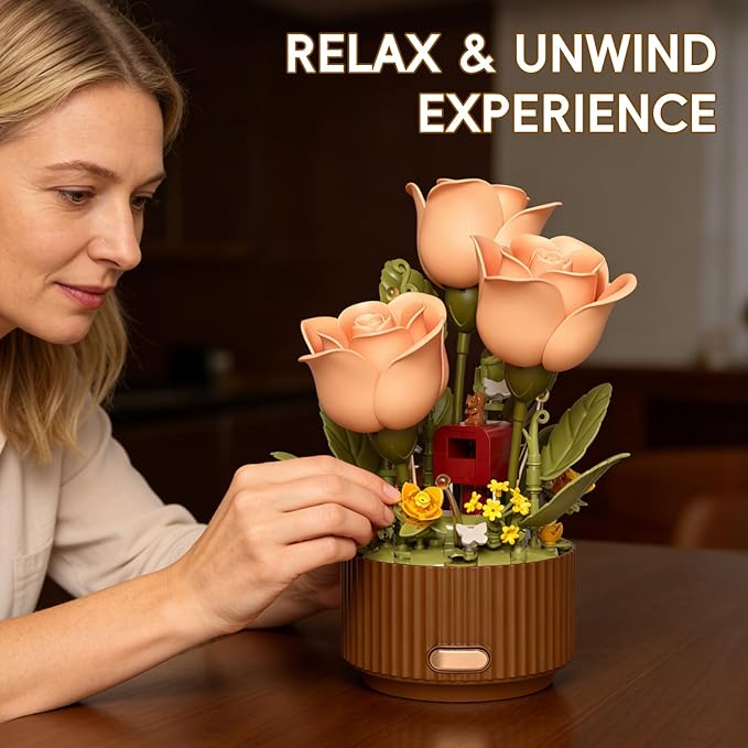 Rose Flower Building Blocks Set Motorized Blooming Flowers for Adults Romantic Gift for Women Girlfriend Home Desk Decor DIY Botanical Display 255 PCS